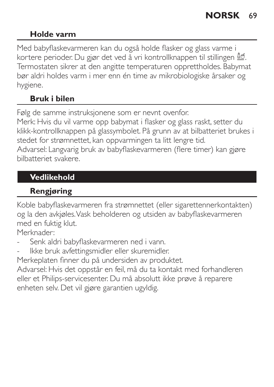 Holde varm, Bruk i bilen, Vedlikehold | Rengjøring, Garanti og service | Philips SCF215/86 User Manual | Page 69 / 94