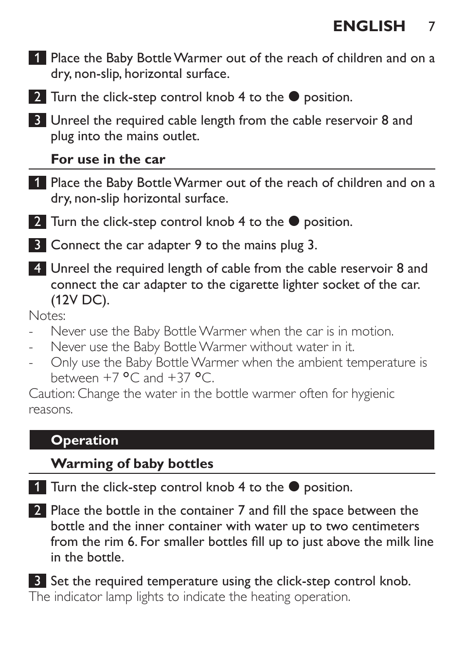 For use in the car, Operation, Warming of baby bottles | Philips SCF215/86 User Manual | Page 7 / 94