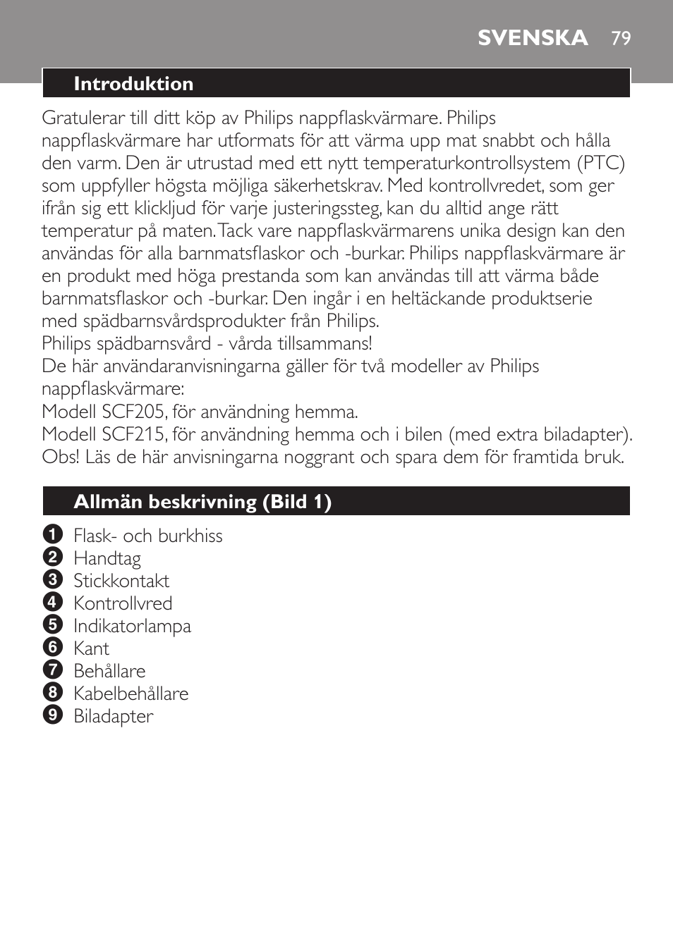 Svenska, Introduktion, Allmän beskrivning﻿ (bild 1) | Installation, Användning hemma | Philips SCF215/86 User Manual | Page 79 / 94