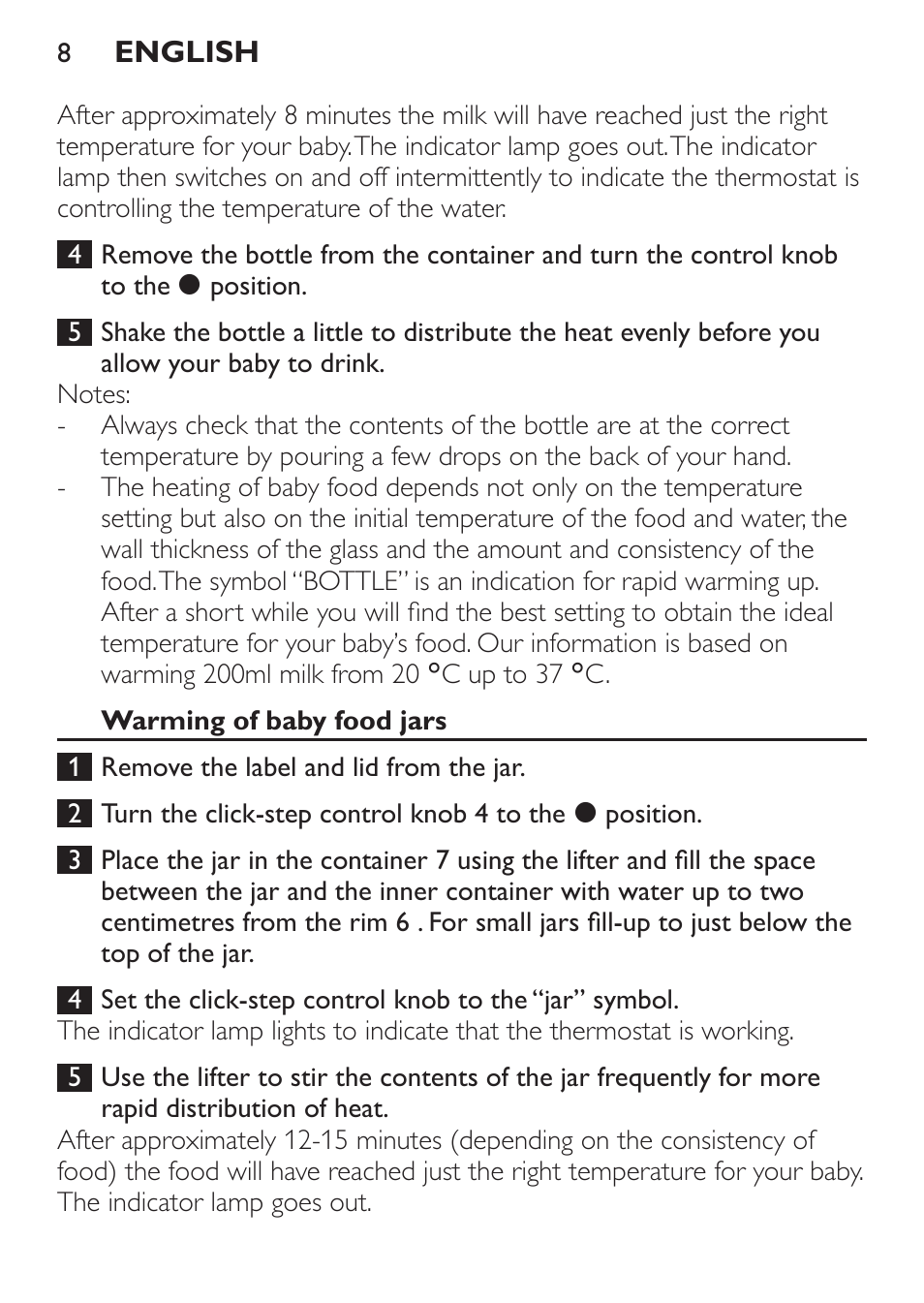 Warming of baby food jars | Philips SCF215/86 User Manual | Page 8 / 94