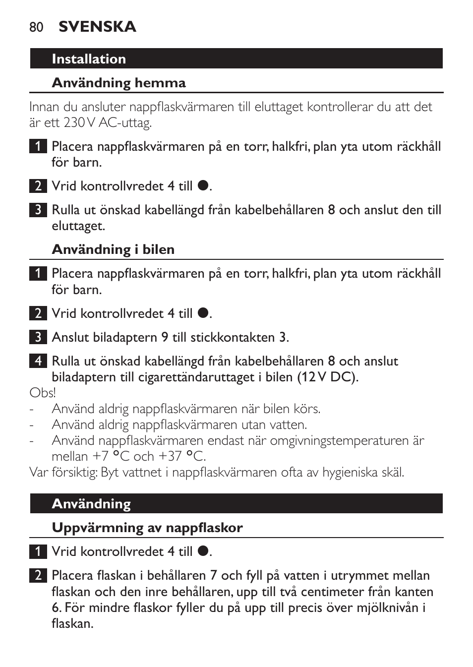 Användning i bilen, Användning, Uppvärmning av nappflaskor | Philips SCF215/86 User Manual | Page 80 / 94