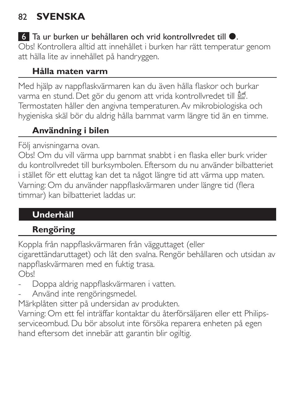 Hålla maten varm, Användning i bilen, Underhåll | Rengöring, Garanti och service | Philips SCF215/86 User Manual | Page 82 / 94