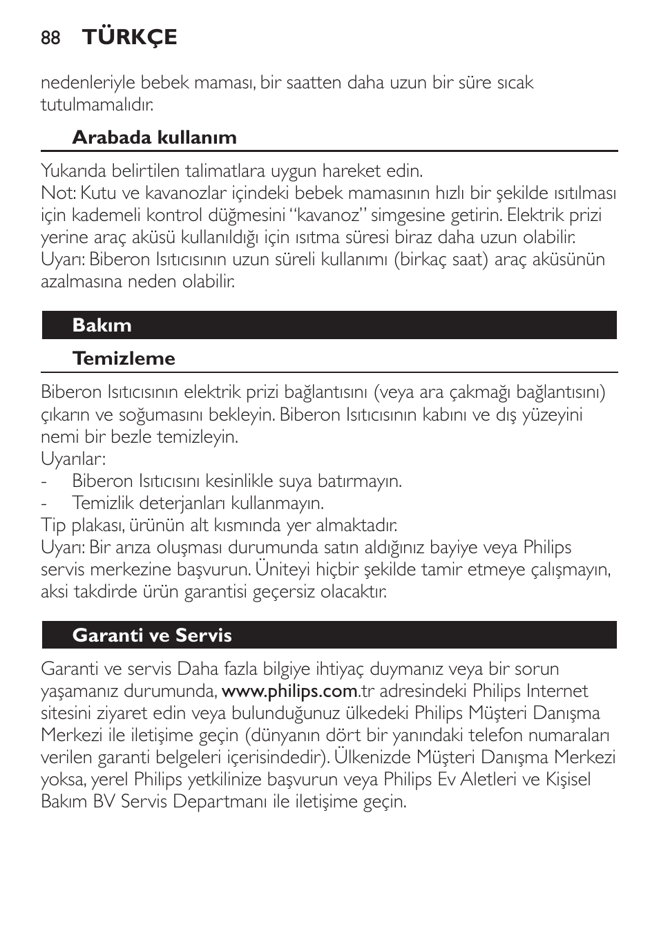 Arabada kullanım, Bakım, Temizleme | Garanti ve servis | Philips SCF215/86 User Manual | Page 88 / 94