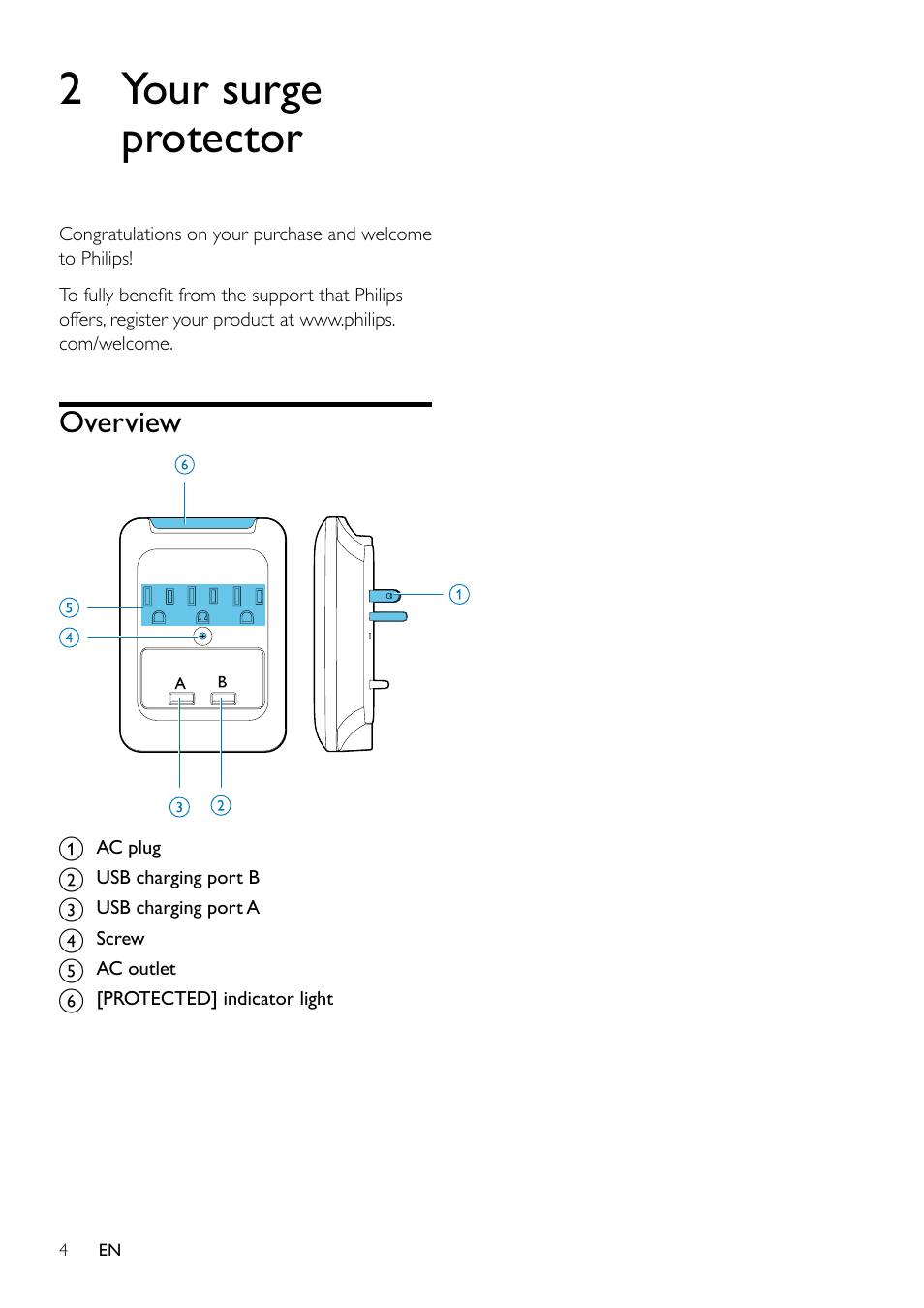 2 your surge protector, Overview | Philips SPP3038A User Manual | Page 4 / 10