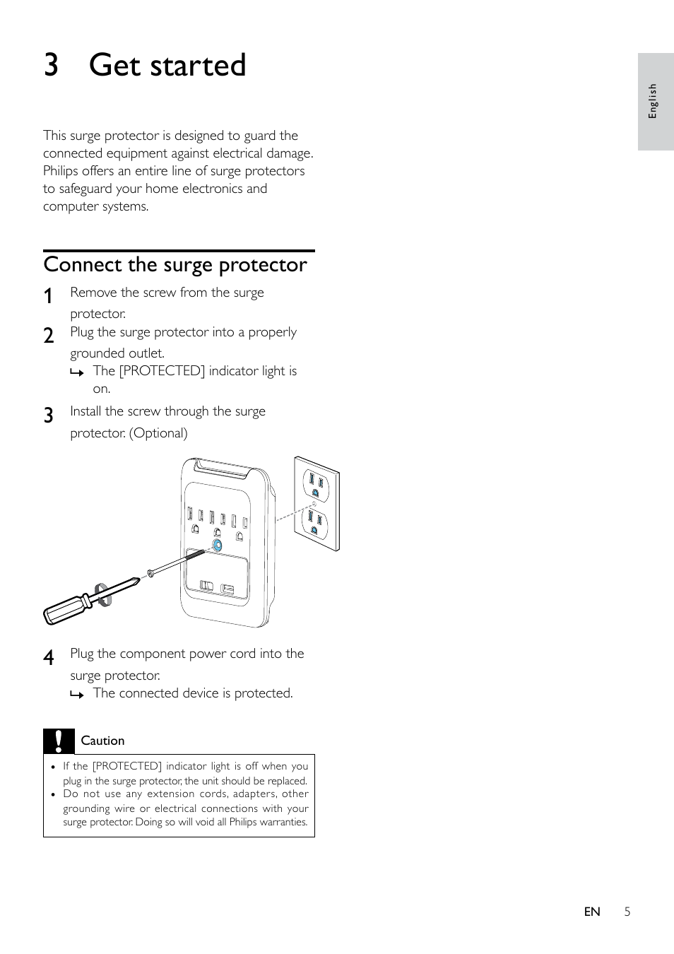 3 get started, Connect the surge protector 1 | Philips SPP3038A User Manual | Page 5 / 10