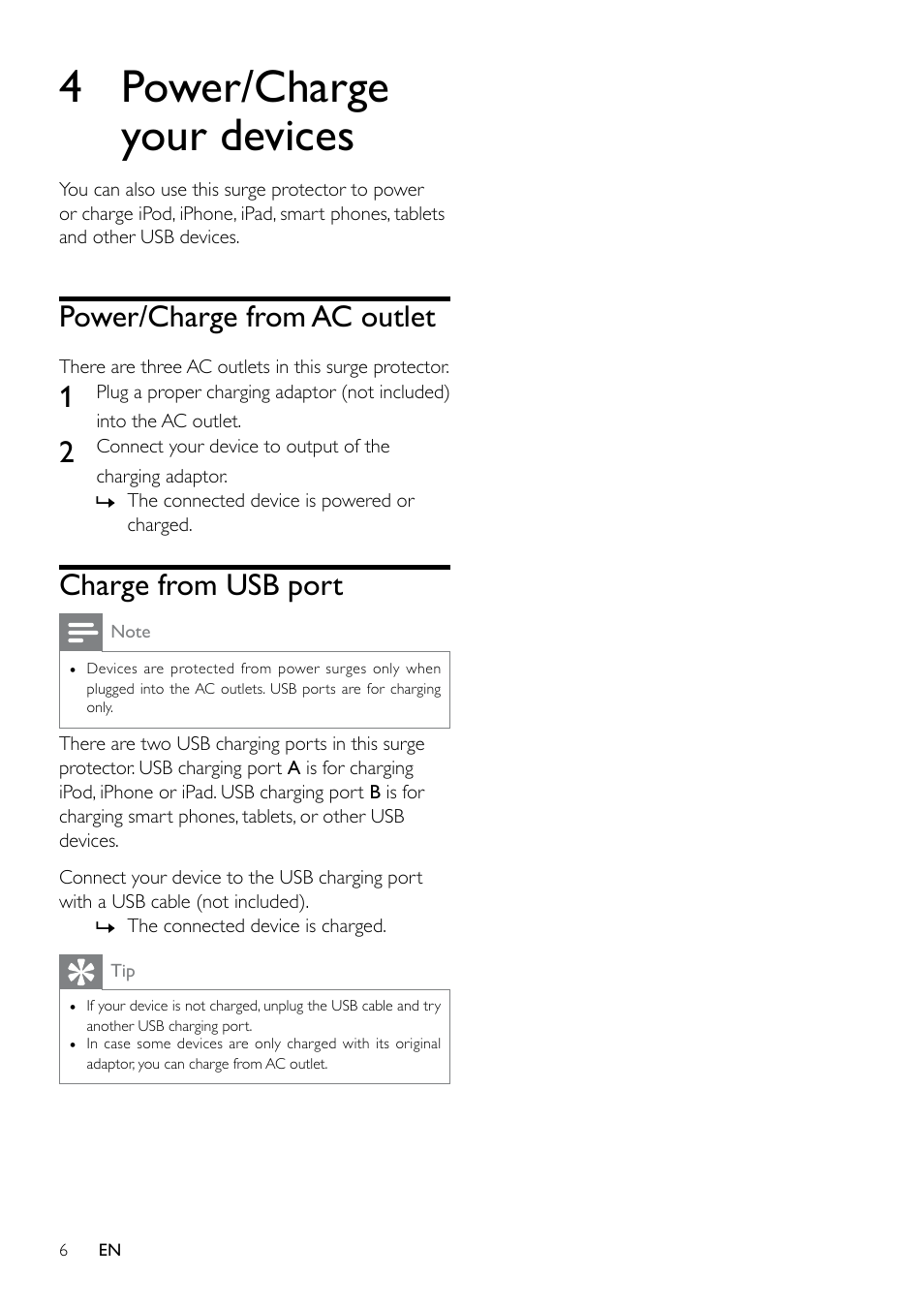 4 power/charge your devices, Power/charge from ac outlet, Charge from usb port | Philips SPP3038A User Manual | Page 6 / 10