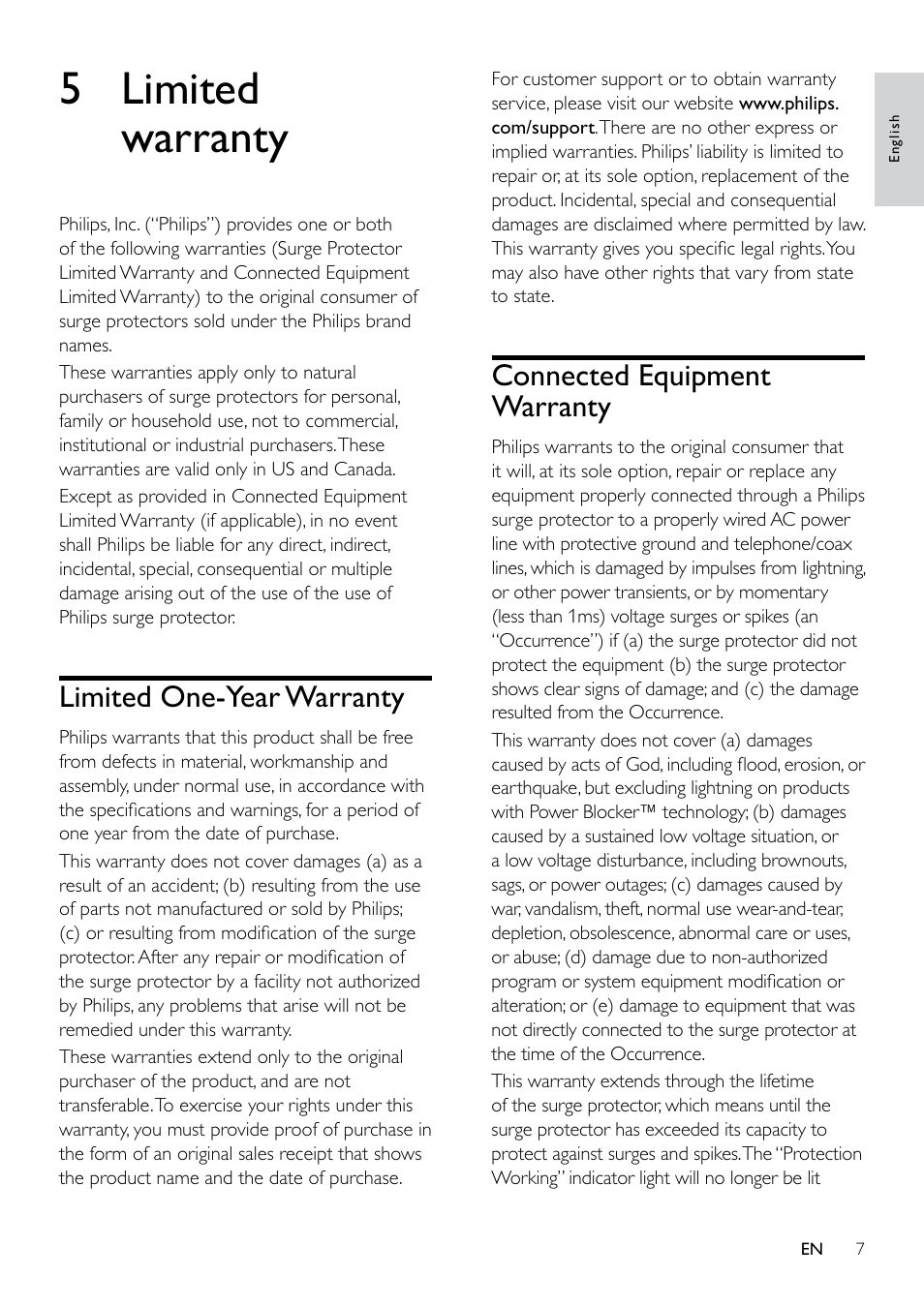 5 limited warranty, Connected equipment warranty, Limited one-year warranty | Philips SPP3038A User Manual | Page 7 / 10