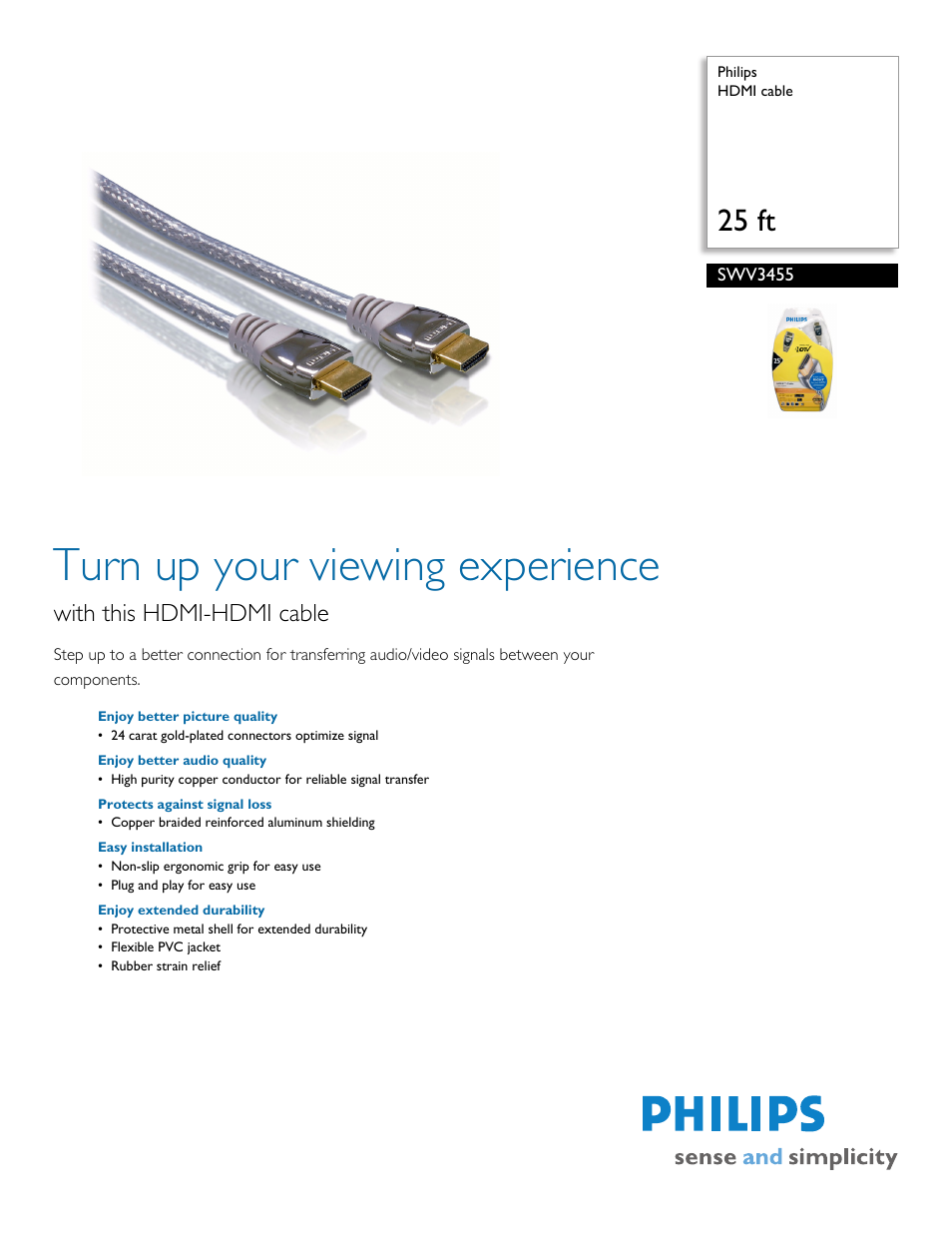 Philips HDMI Cable SWV3455 User Manual | 2 pages