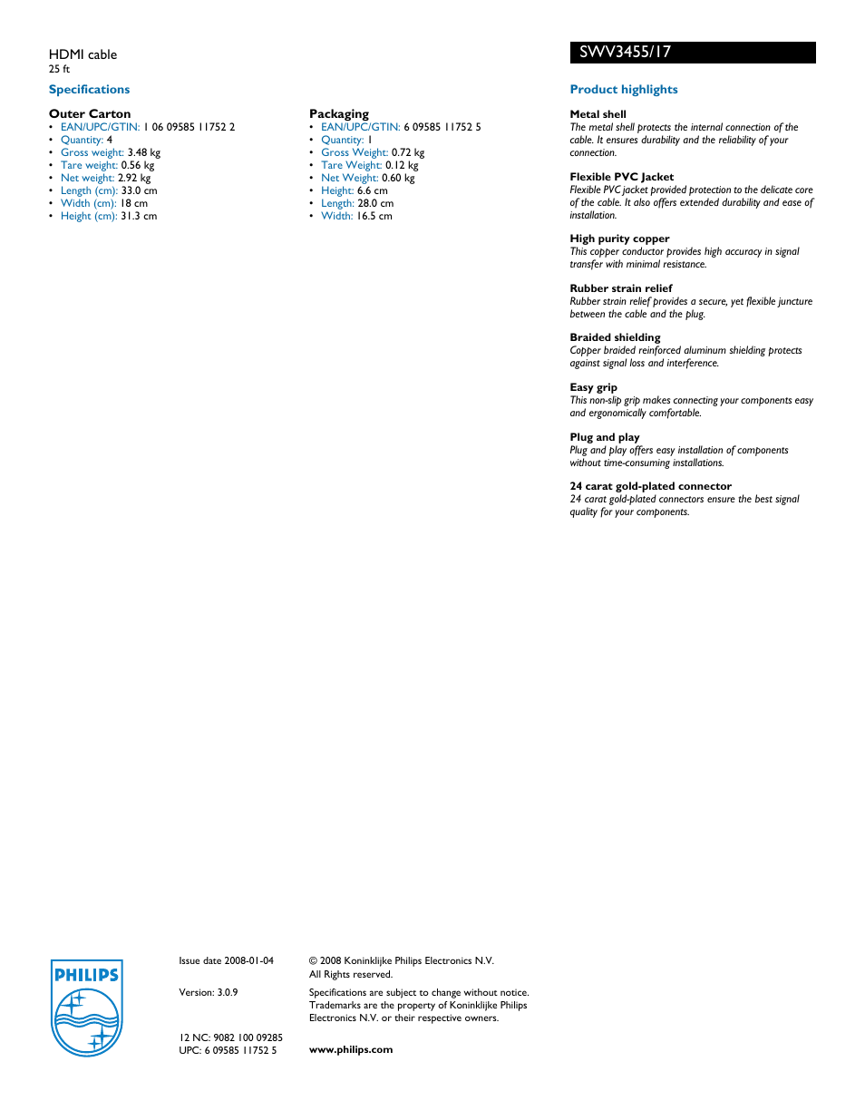 Philips HDMI Cable SWV3455 User Manual | Page 2 / 2