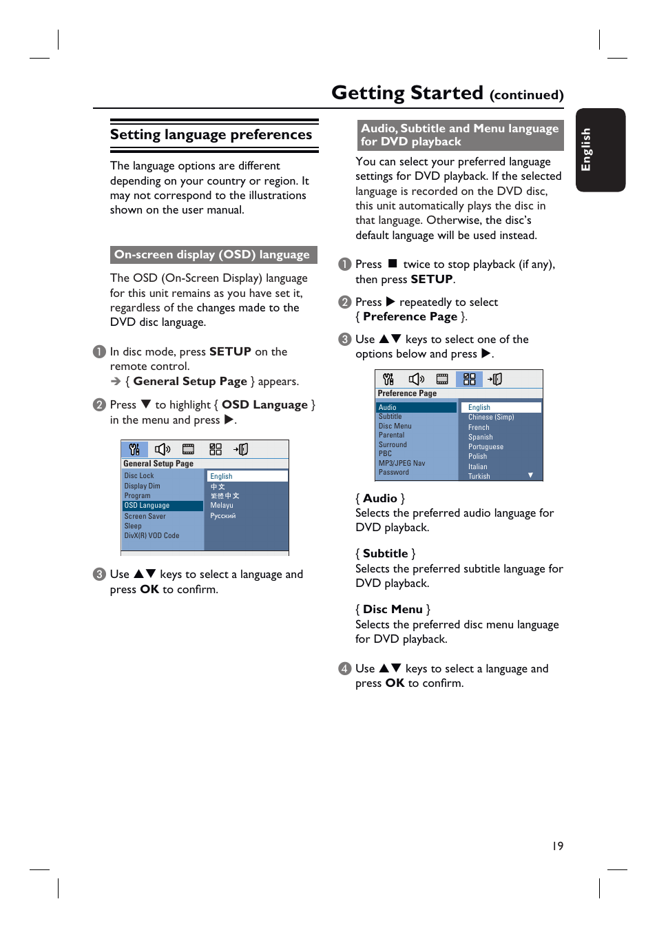 Getting started, Setting language preferences | Philips HTS3010 User Manual | Page 19 / 48