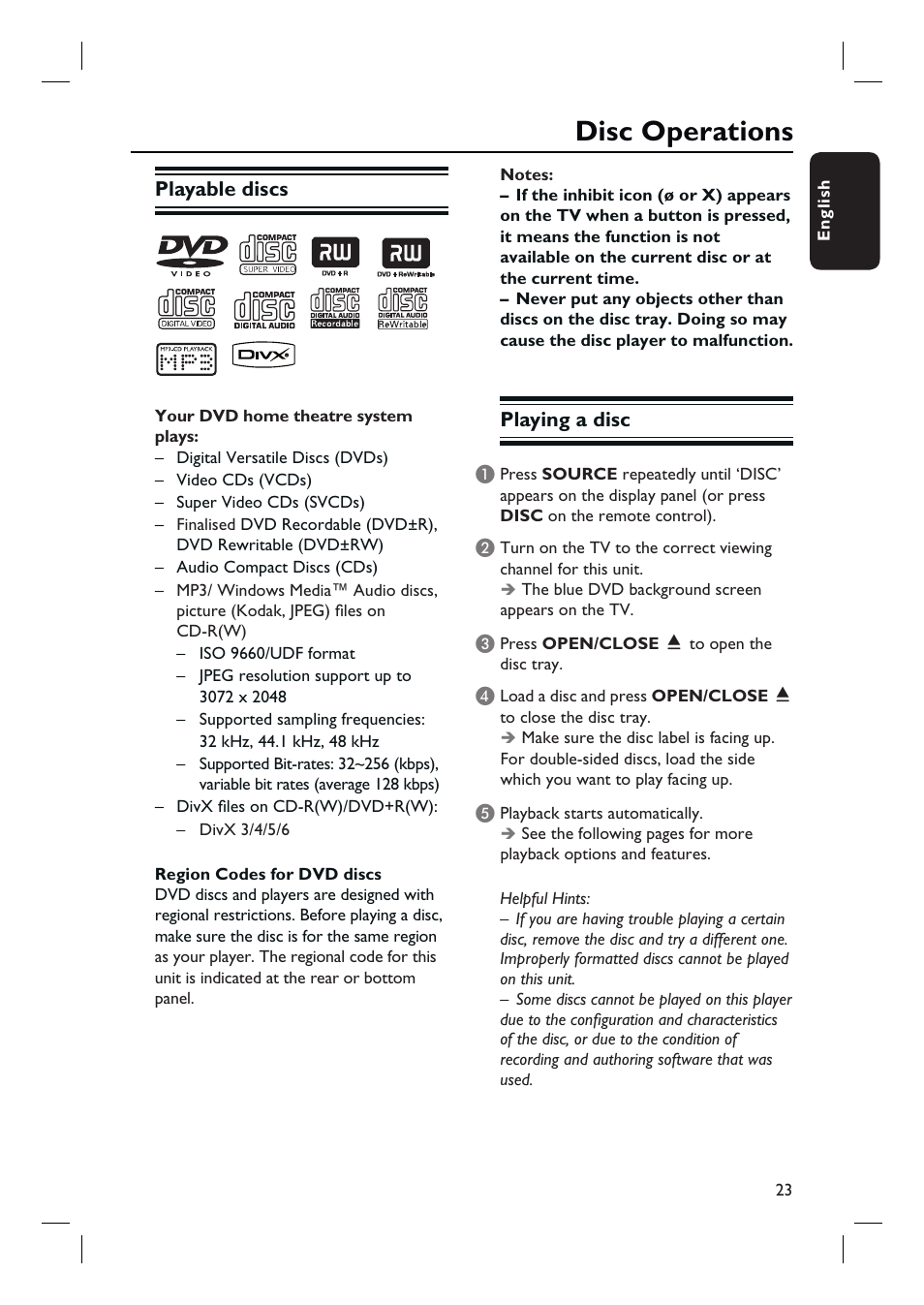 Disc operations, Playable discs, Playing a disc | Philips HTS3010 User Manual | Page 23 / 48