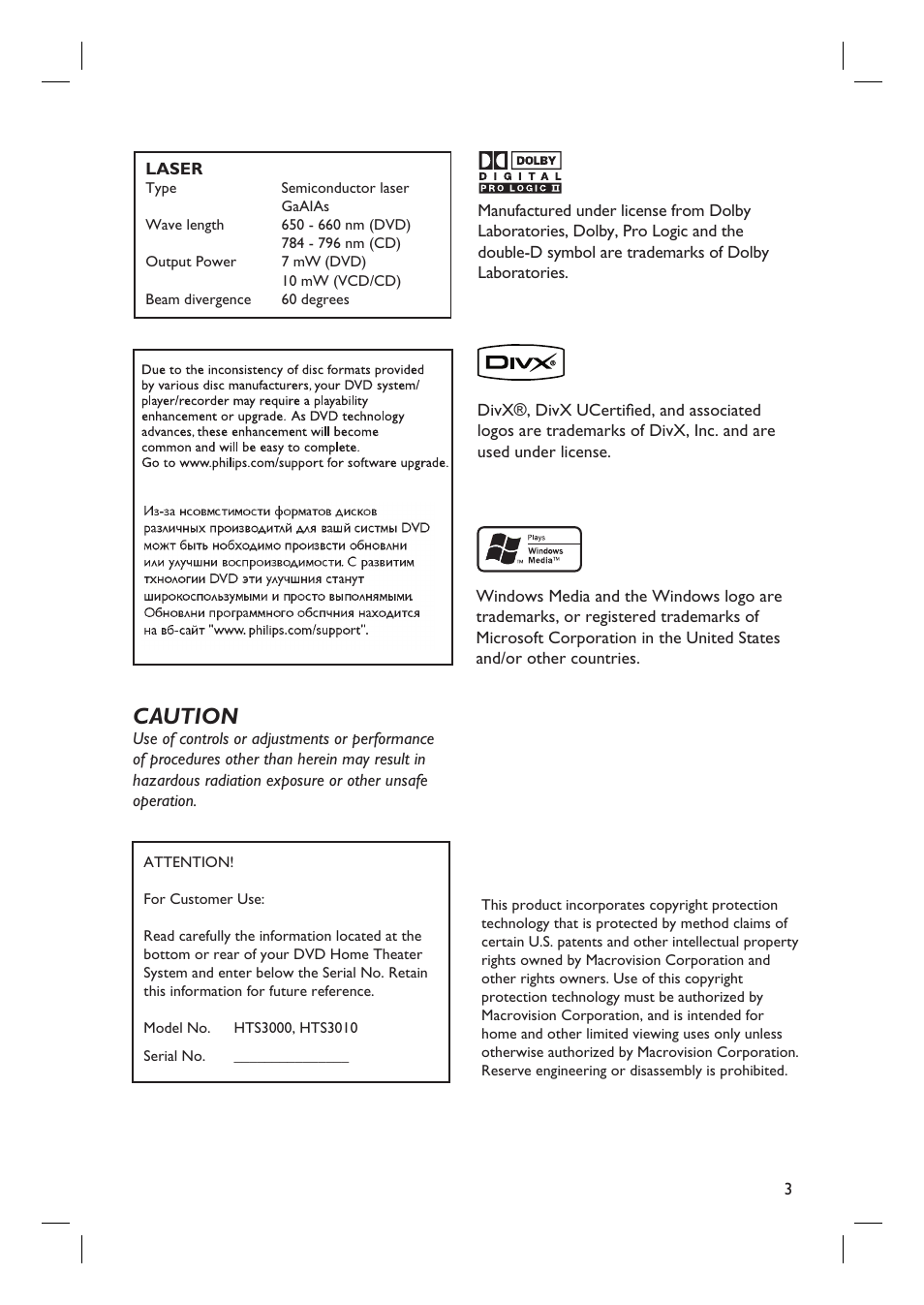 Caution | Philips HTS3010 User Manual | Page 3 / 48