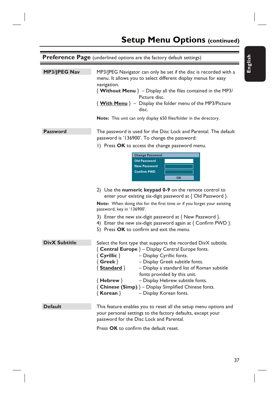 Setup menu options, Preference page | Philips HTS3010 User Manual | Page 37 / 48