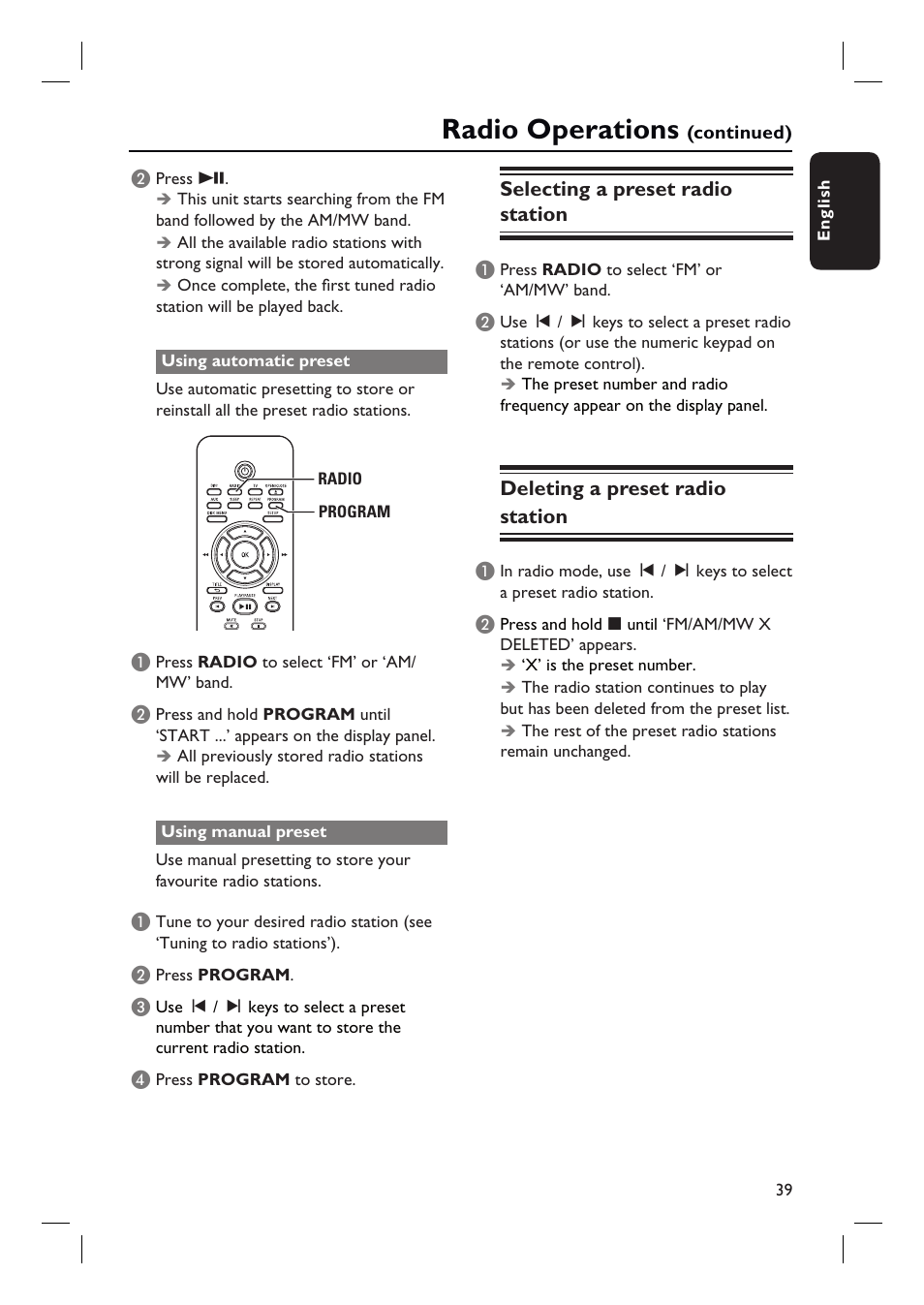 Radio operations | Philips HTS3010 User Manual | Page 39 / 48