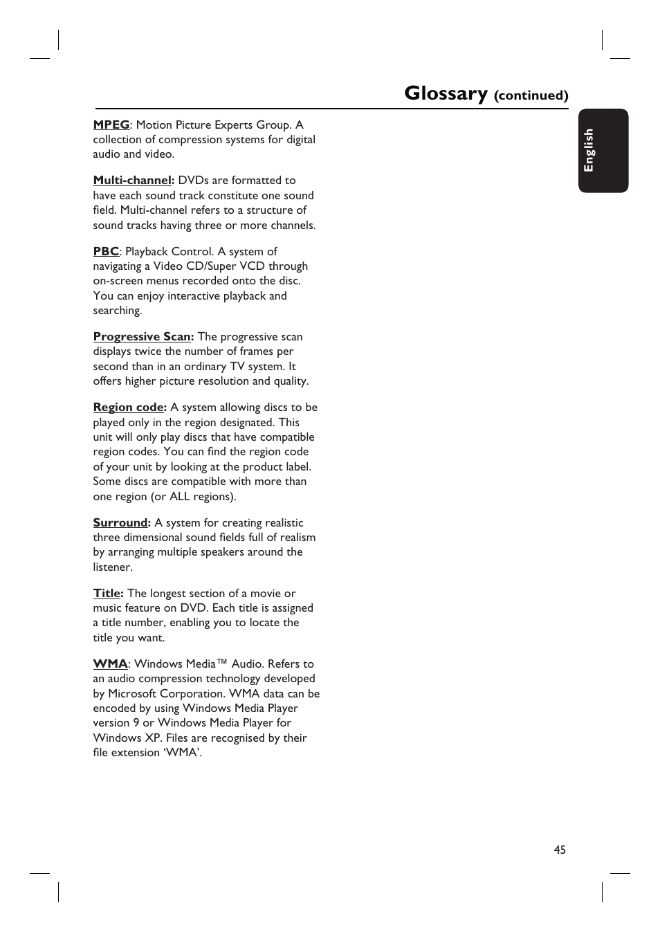 Glossary | Philips HTS3010 User Manual | Page 45 / 48