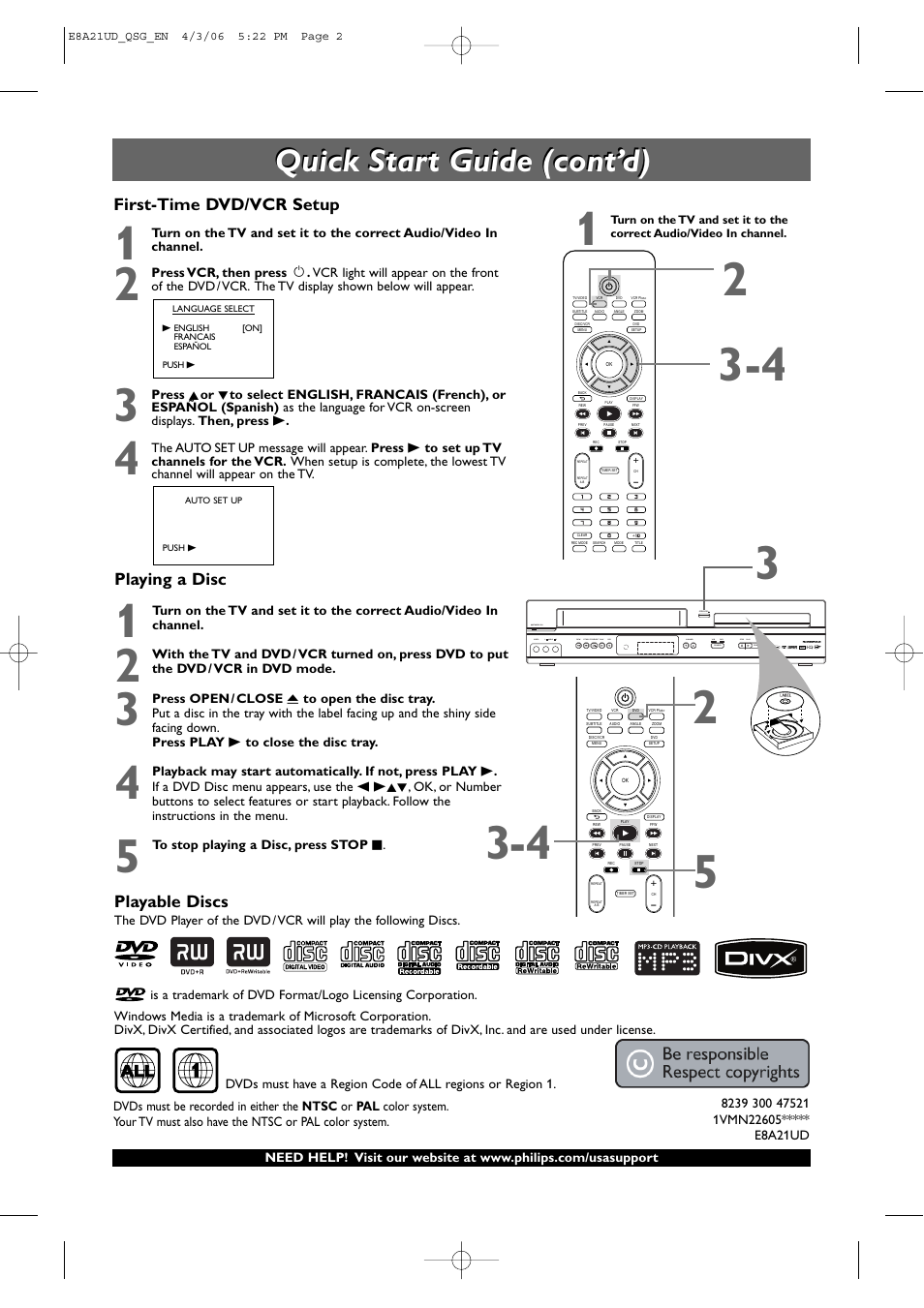 Quick start guide (cont’d), Playable discs, Playing a disc | First-time dvd/vcr setup | Philips DVP3200V/37 User Manual | Page 2 / 2