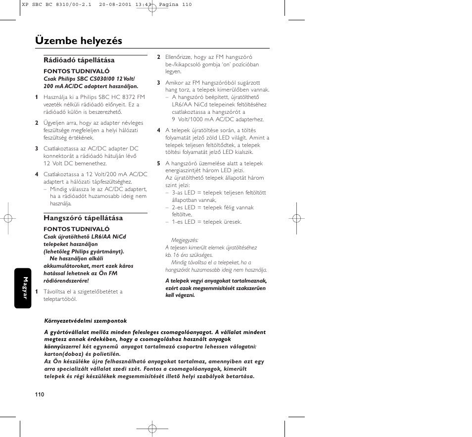 Üzembe helyezés | Philips BC 8310 User Manual | Page 110 / 133