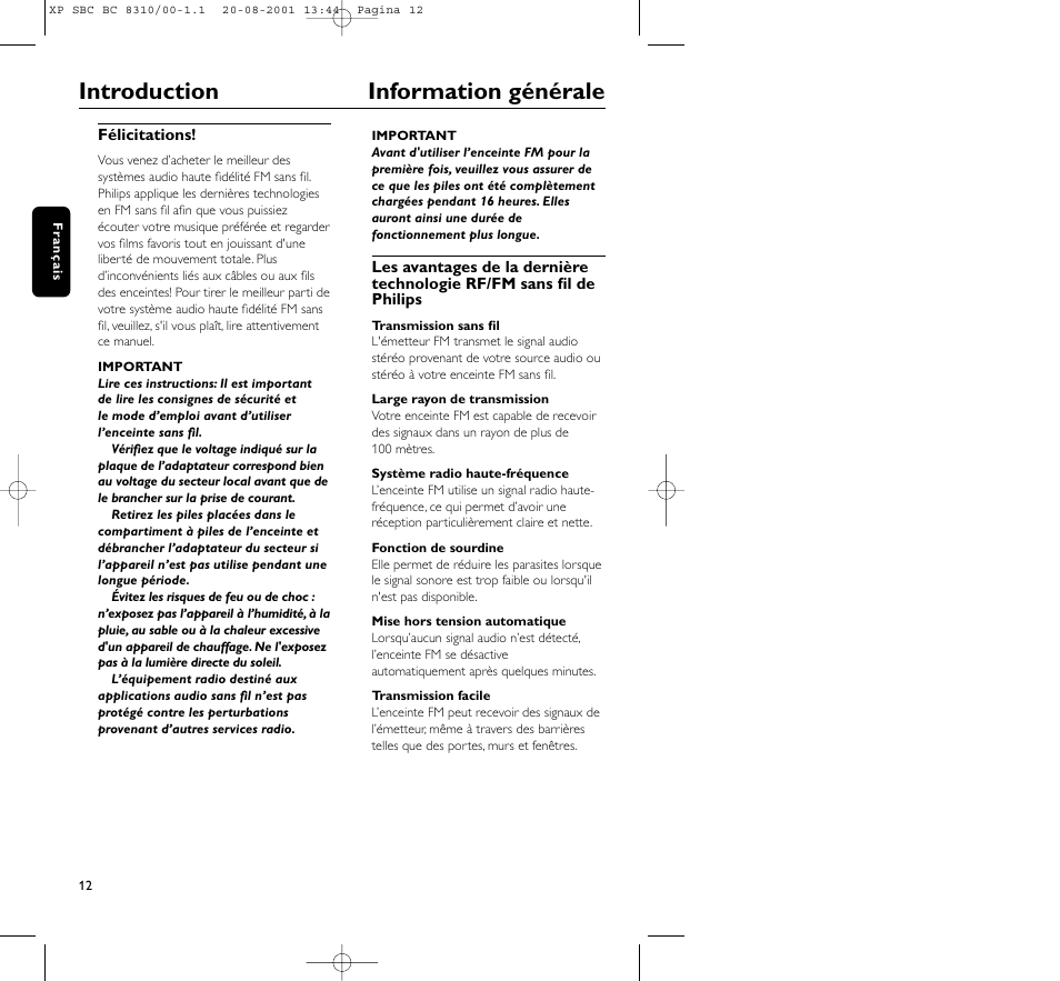 Introduction information générale | Philips BC 8310 User Manual | Page 12 / 133