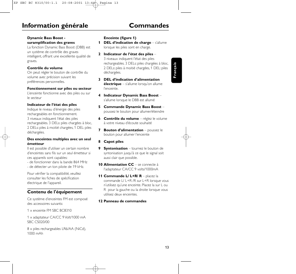 Information générale commandes | Philips BC 8310 User Manual | Page 13 / 133
