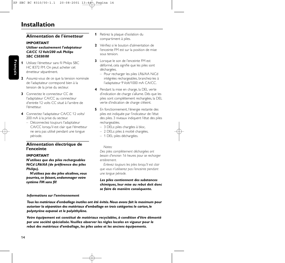 Installation | Philips BC 8310 User Manual | Page 14 / 133