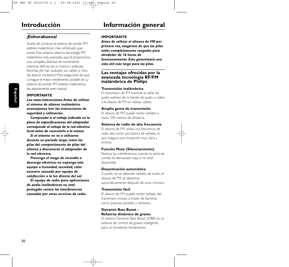 Introducción información general | Philips BC 8310 User Manual | Page 20 / 133