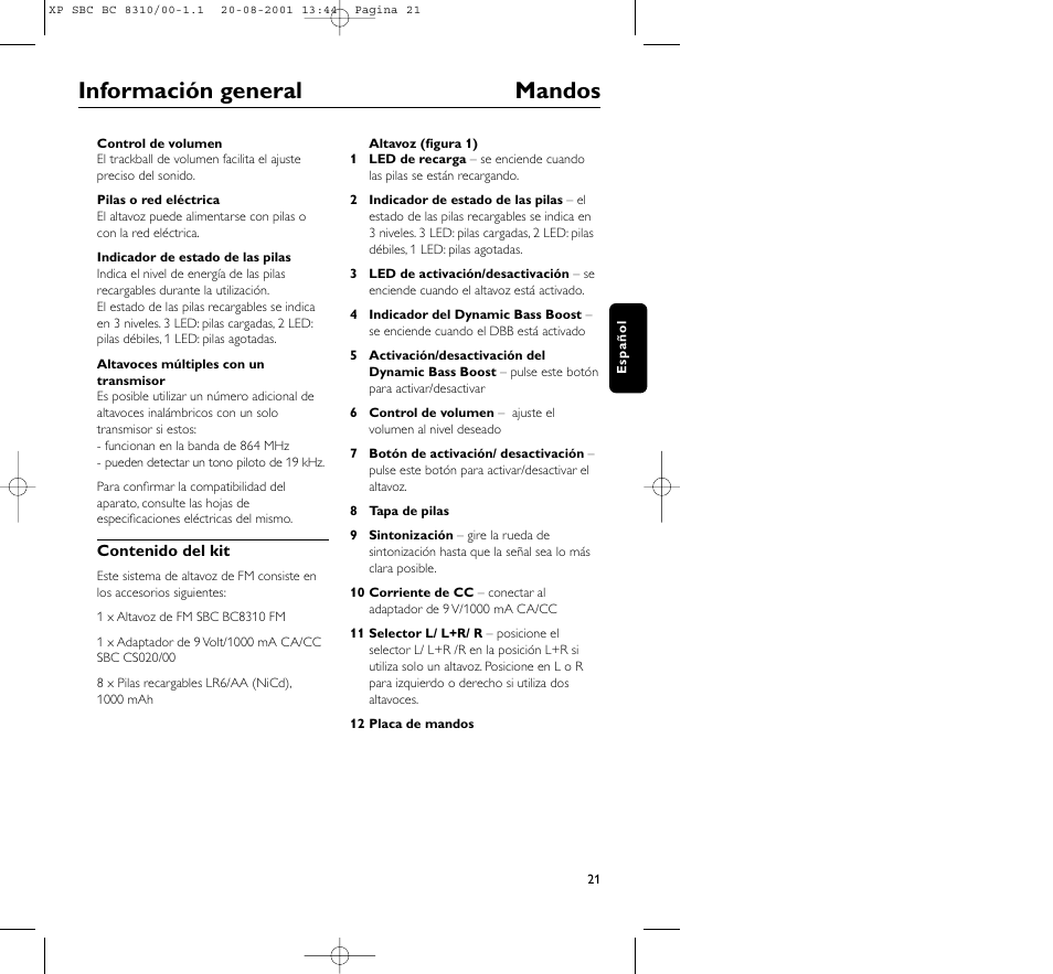 Información general mandos | Philips BC 8310 User Manual | Page 21 / 133