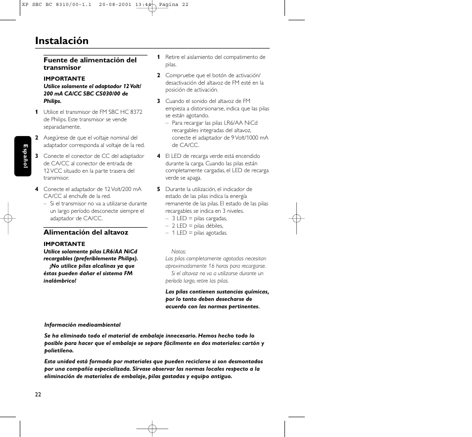 Instalación | Philips BC 8310 User Manual | Page 22 / 133