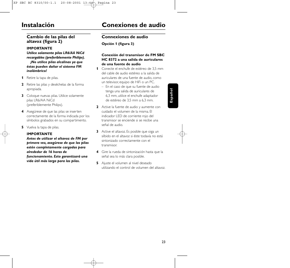 Instalación conexiones de audio | Philips BC 8310 User Manual | Page 23 / 133