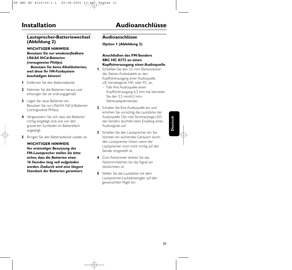 Installation audioanschlüsse | Philips BC 8310 User Manual | Page 31 / 133