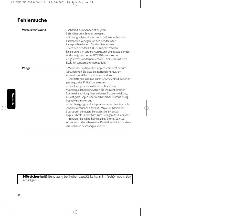 Fehlersuche | Philips BC 8310 User Manual | Page 34 / 133