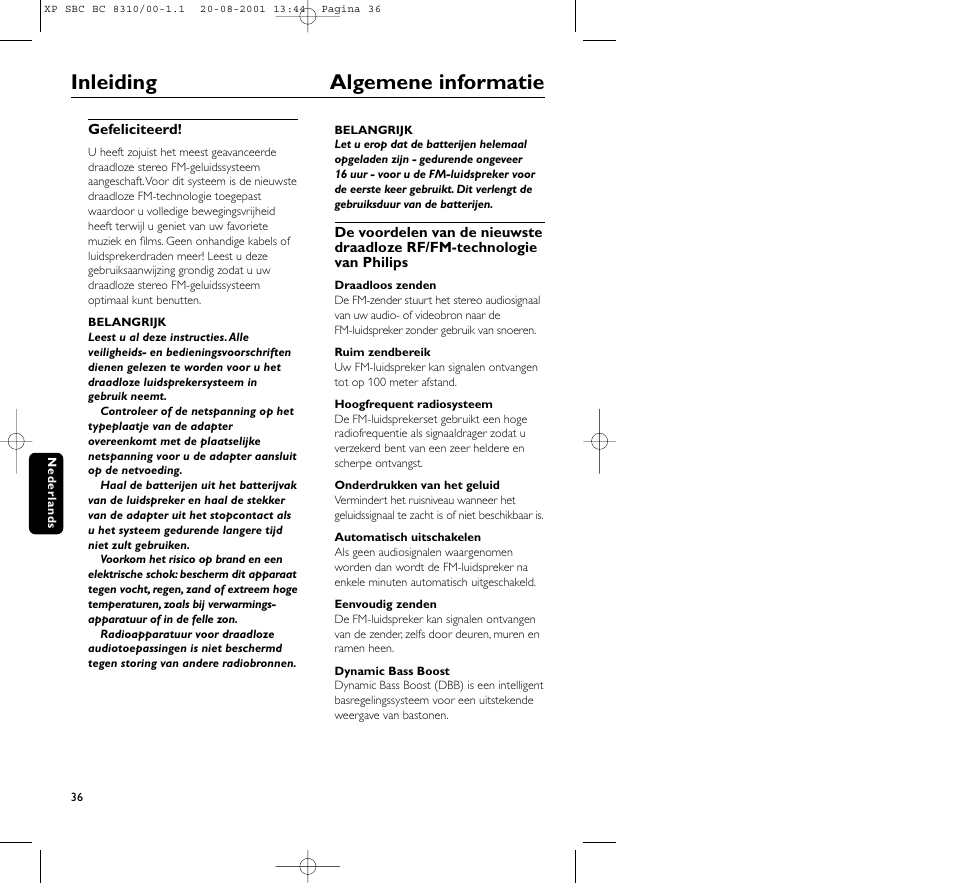 Inleiding algemene informatie | Philips BC 8310 User Manual | Page 36 / 133