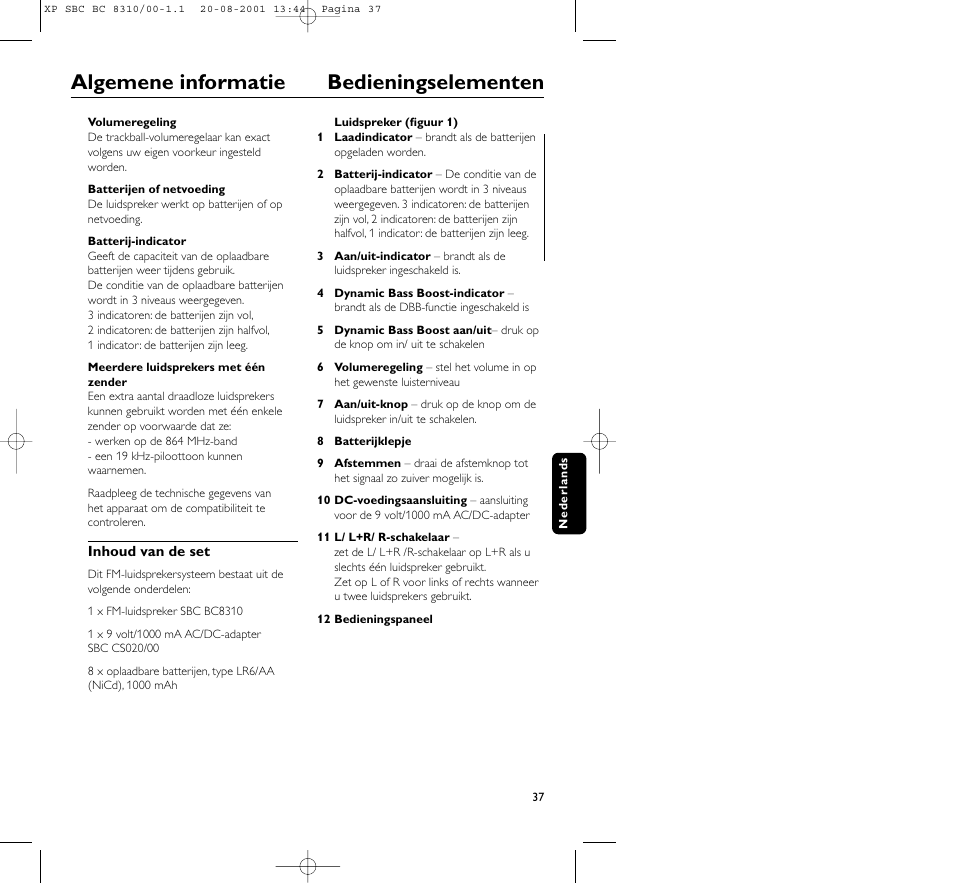 Algemene informatie bedieningselementen | Philips BC 8310 User Manual | Page 37 / 133
