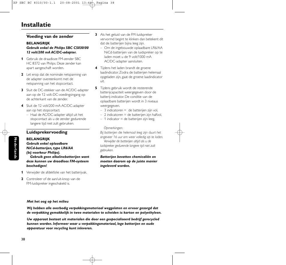 Installatie | Philips BC 8310 User Manual | Page 38 / 133