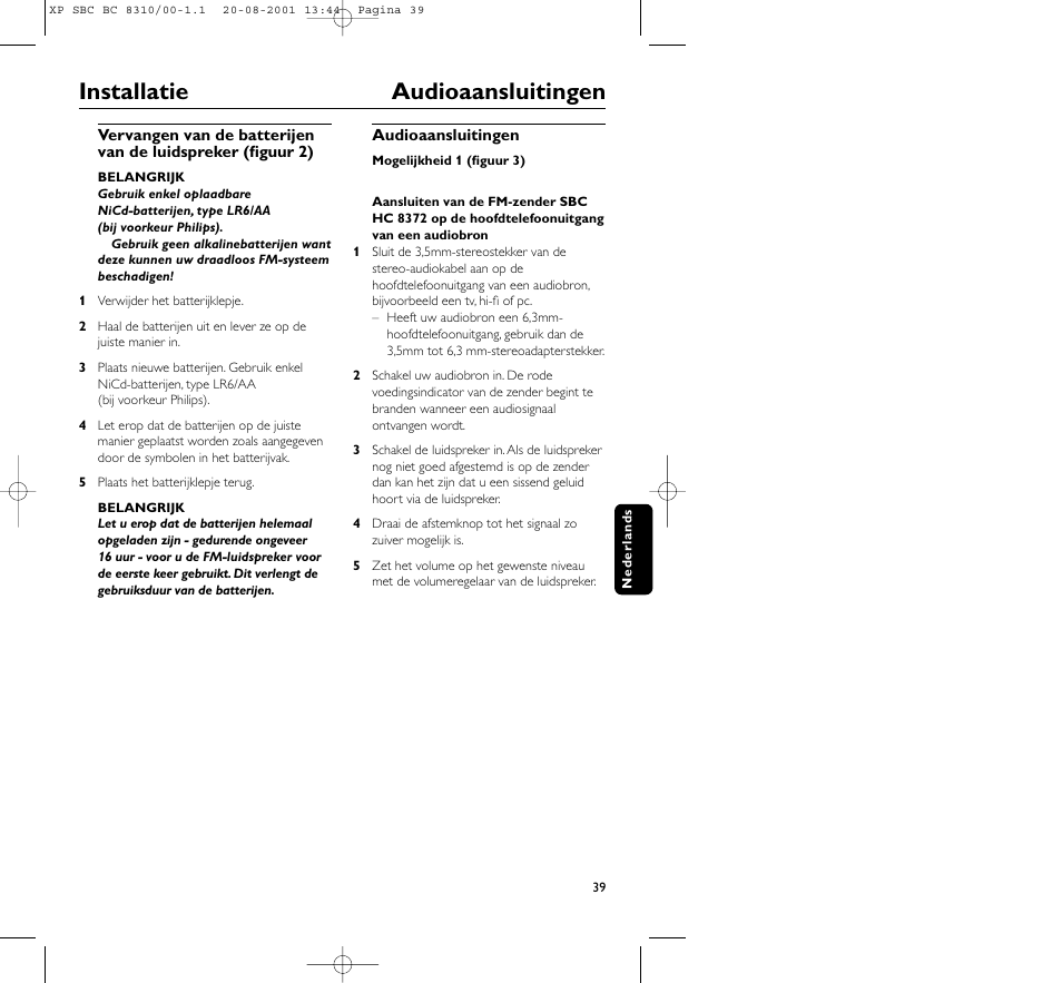 Installatie audioaansluitingen | Philips BC 8310 User Manual | Page 39 / 133