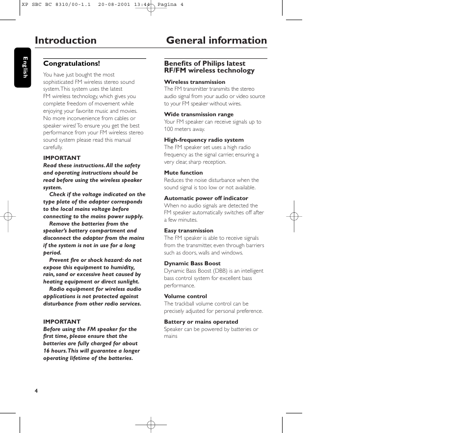 Introduction general information | Philips BC 8310 User Manual | Page 4 / 133