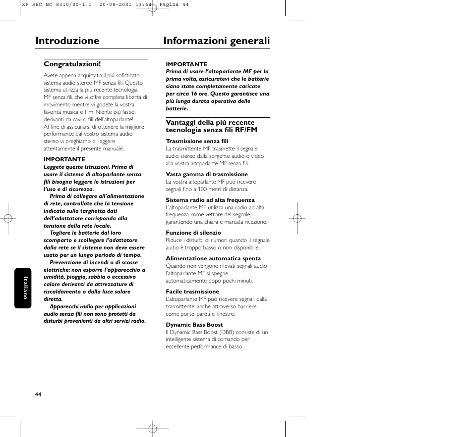 Introduzione informazioni generali | Philips BC 8310 User Manual | Page 44 / 133