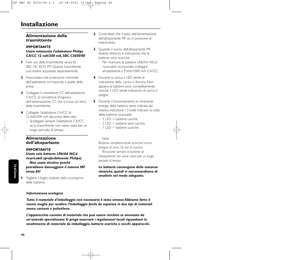 Installazione | Philips BC 8310 User Manual | Page 46 / 133
