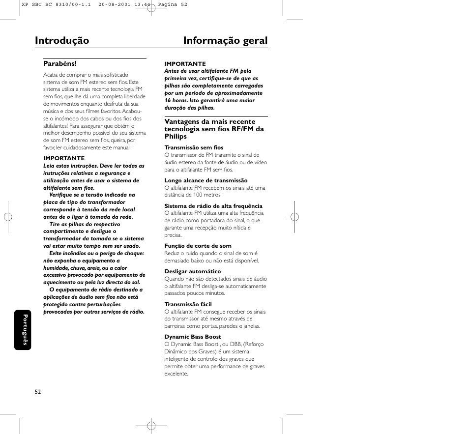 Introdução informação geral | Philips BC 8310 User Manual | Page 52 / 133