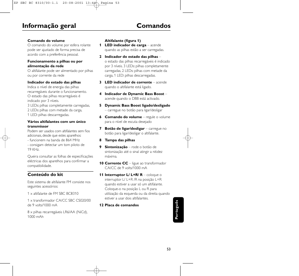 Informação geral comandos | Philips BC 8310 User Manual | Page 53 / 133