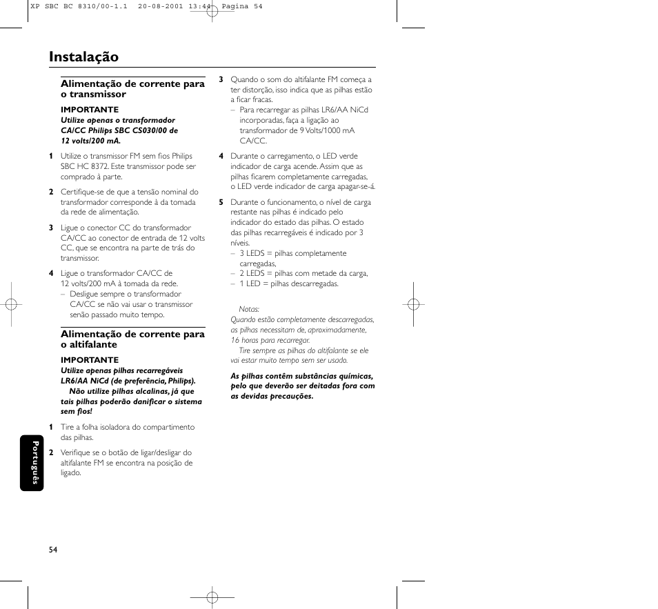 Instalação | Philips BC 8310 User Manual | Page 54 / 133