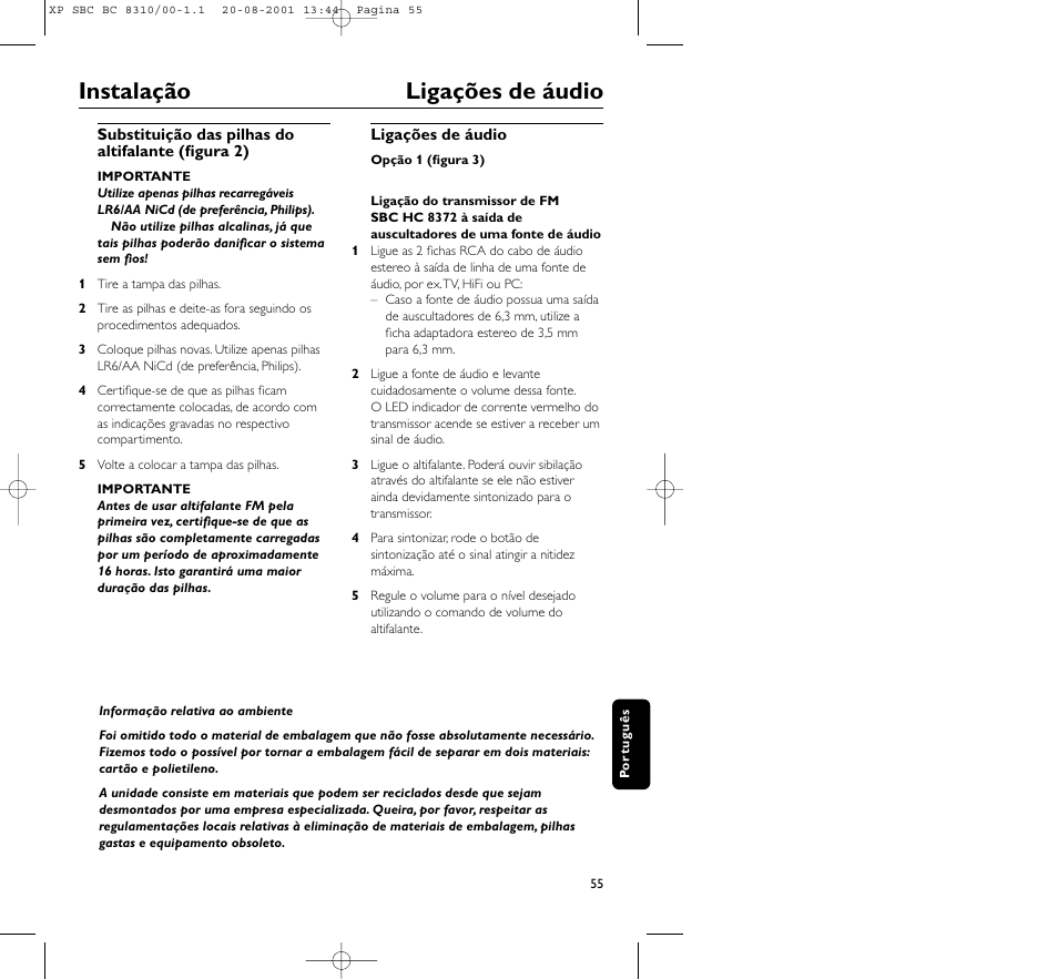 Instalação ligações de áudio | Philips BC 8310 User Manual | Page 55 / 133