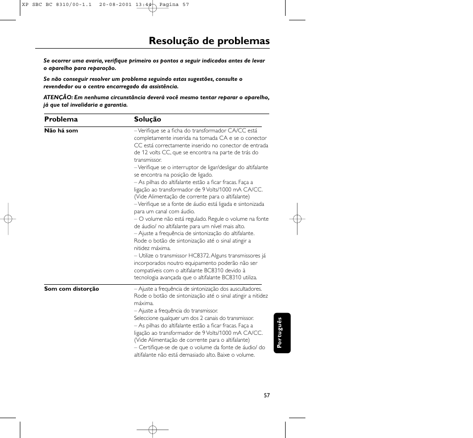 Resolução de problemas | Philips BC 8310 User Manual | Page 57 / 133