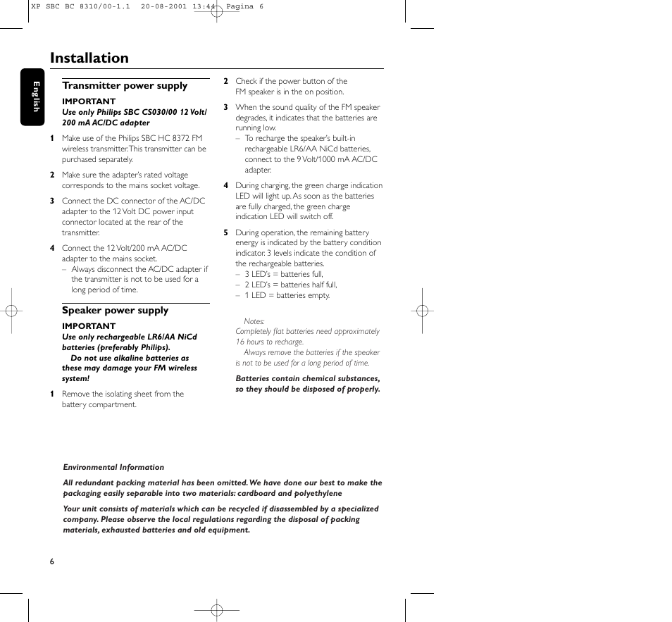 Installation | Philips BC 8310 User Manual | Page 6 / 133
