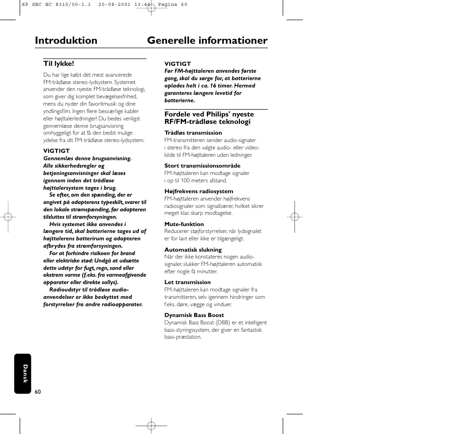 Introduktion generelle informationer | Philips BC 8310 User Manual | Page 60 / 133