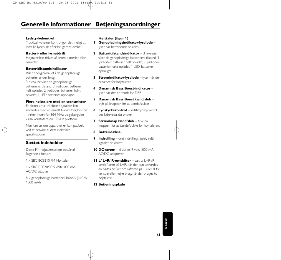 Generelle informationer betjeningsanordninger | Philips BC 8310 User Manual | Page 61 / 133