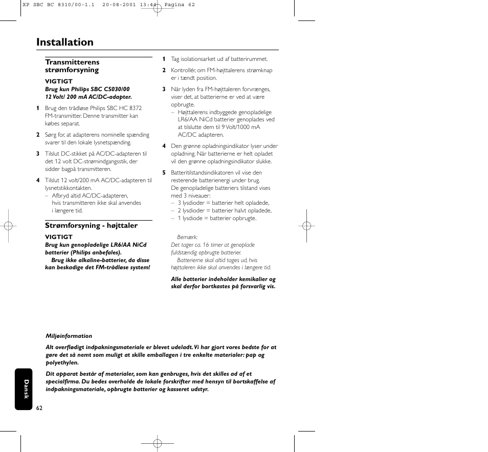 Installation | Philips BC 8310 User Manual | Page 62 / 133