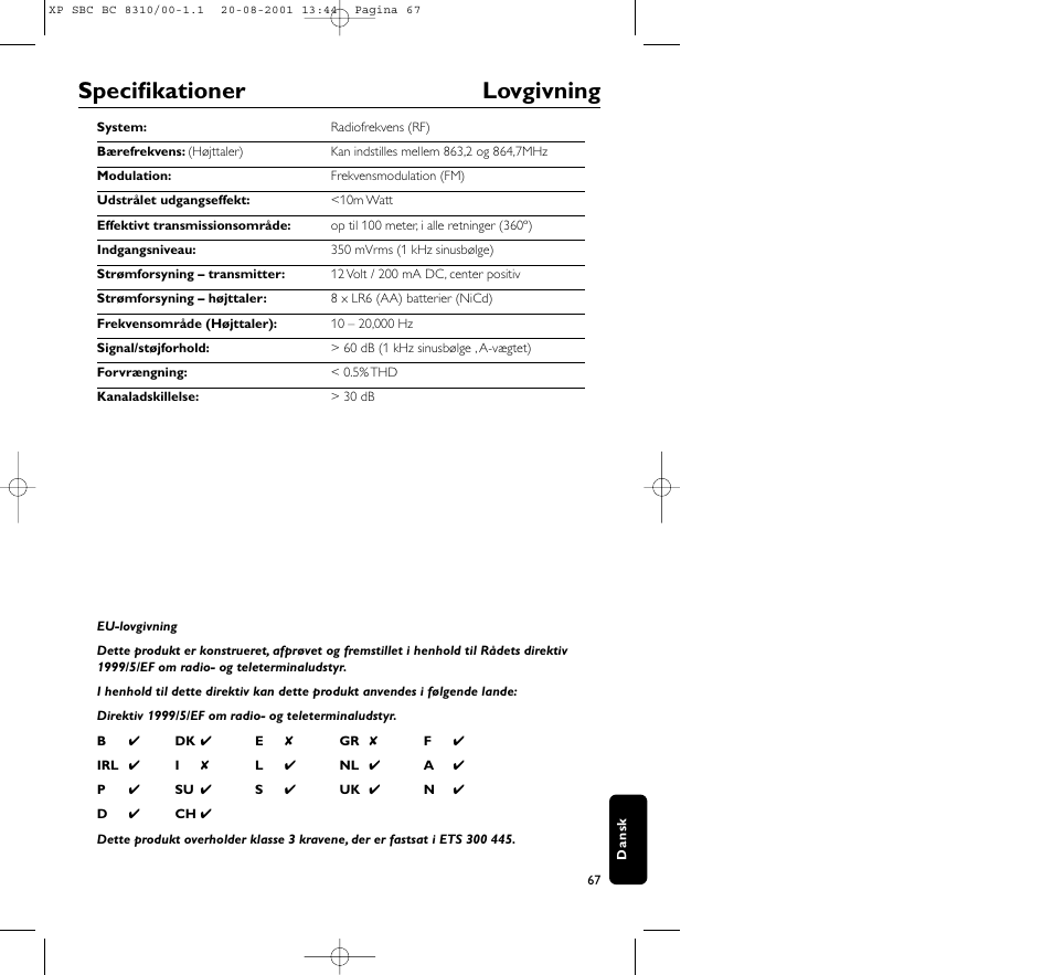 Specifikationer lovgivning | Philips BC 8310 User Manual | Page 67 / 133