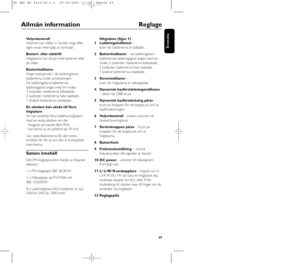 Allmän information reglage | Philips BC 8310 User Manual | Page 69 / 133