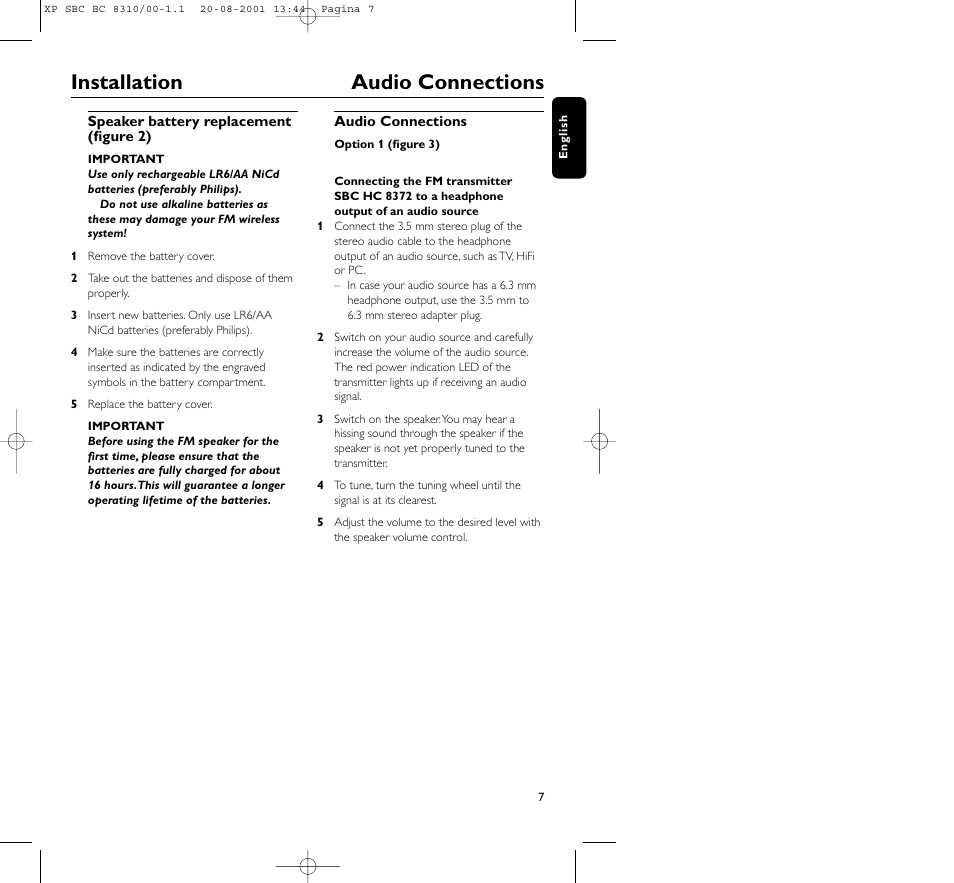 Installation audio connections | Philips BC 8310 User Manual | Page 7 / 133