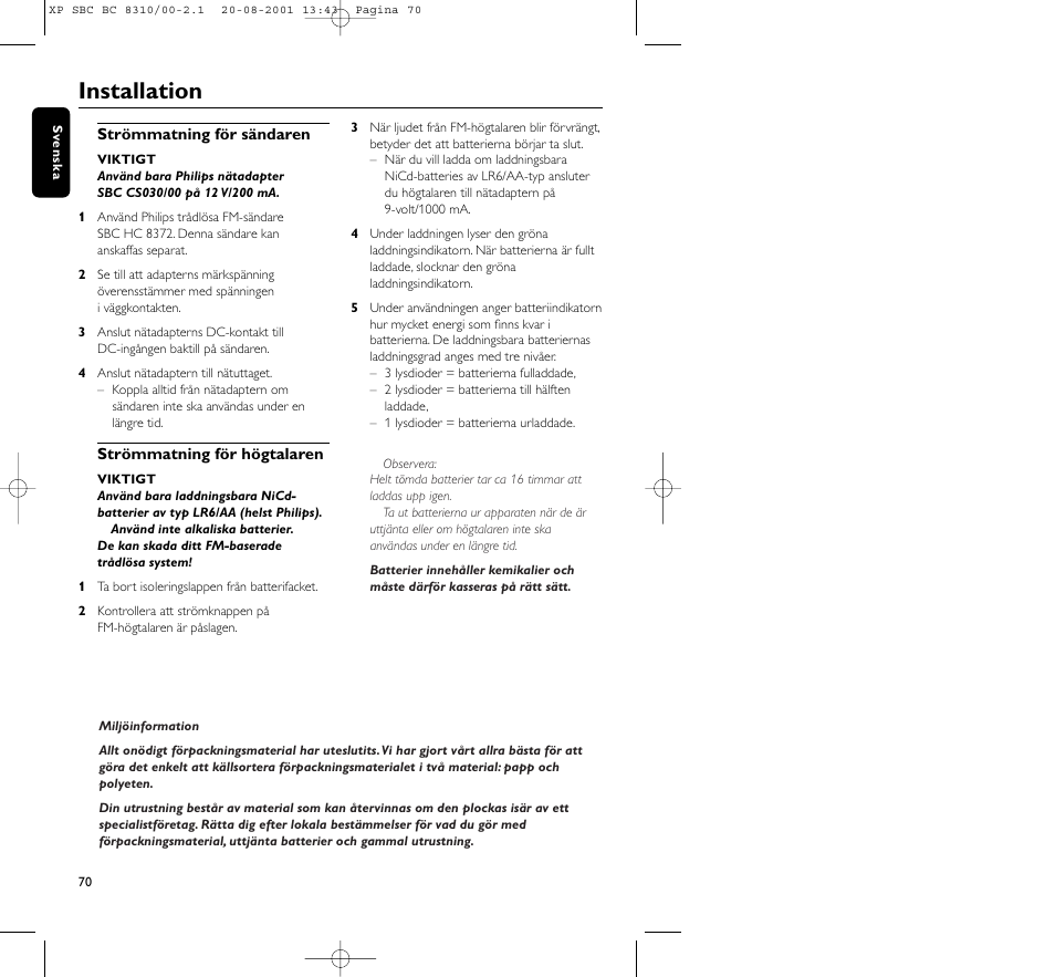 Installation | Philips BC 8310 User Manual | Page 70 / 133